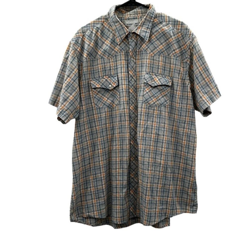 Vintage Wrangler Plaid Pearl Snap Button Down Short Sleeve Wrancher Shirt Sz 2XL